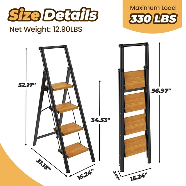 Alt view image 2 of 7 - 4 Step Ladder, Lightweight Aluminum Folding Step Stool Anti-Slip Wide Pedal, 330lbs Capacity Step Ladder for Household Kitchen Office, BlackWoodgrain