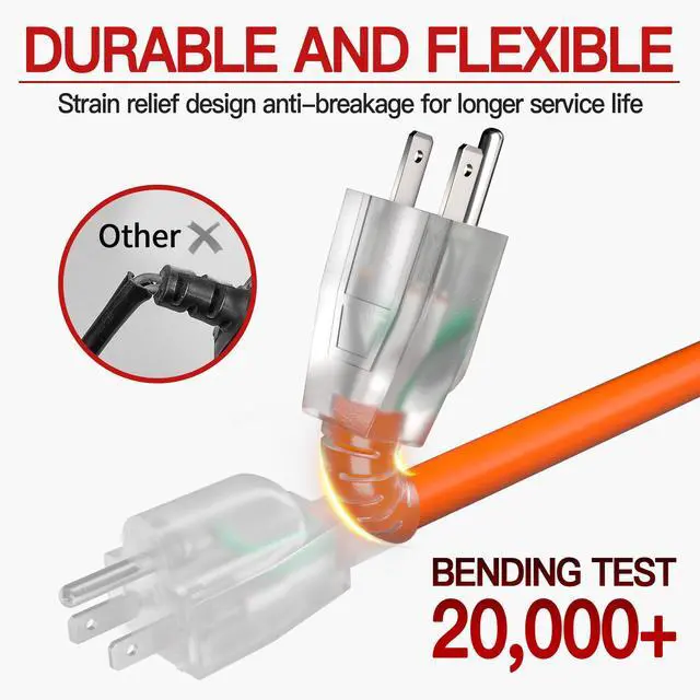 Alt view image 4 of 7 - 14/3 100 FT Extension Cord Outdoor, Power Cord Orange Heavy Duty Extension Cord 100 Ft, Orange Extension Cords with Lighted end, Flame Retardant, 14AWG 13A 1625W 125V, ETL Listed