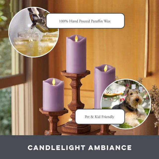 Alt view image 5 of 6 - Co. Flameless LED Battery Operated Flickering Pillar Candles - Pastel Purple - Set of 3 - Indoor Outdoor Decor Safe