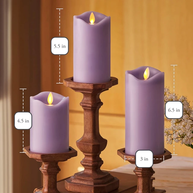Alt view image 6 of 6 - Co. Flameless LED Battery Operated Flickering Pillar Candles - Pastel Purple - Set of 3 - Indoor Outdoor Decor Safe