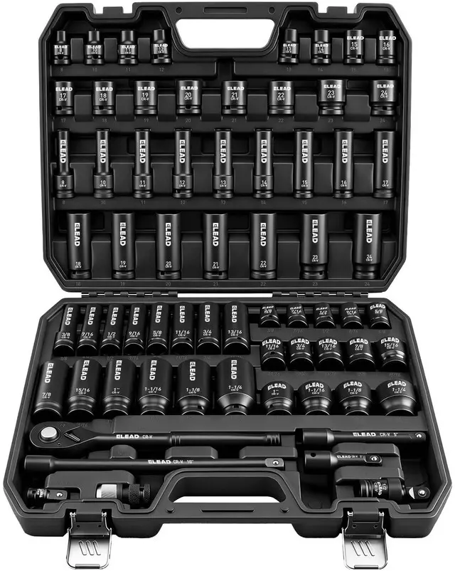 Main image of 67 Piece 1/2" Drive Deep Impact Socket Set: Standard SAE (3/8"-1-1/4") & Metric (8-24 mm), Including 3 ", 5", 10" Extension Bar, Universal Joint, Ratchet Handle and Adapter