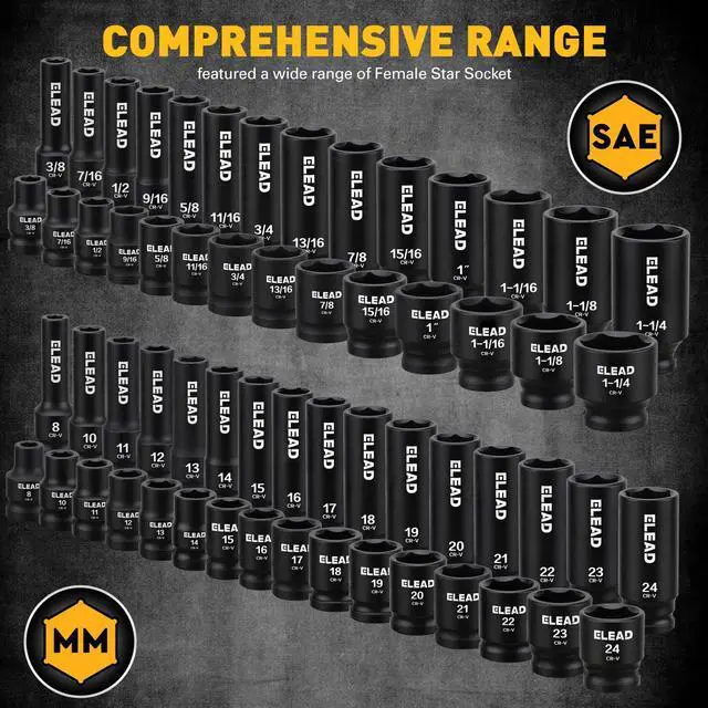 Alt view image 2 of 7 - 67 Piece 1/2" Drive Deep Impact Socket Set: Standard SAE (3/8"-1-1/4") & Metric (8-24 mm), Including 3 ", 5", 10" Extension Bar, Universal Joint, Ratchet Handle and Adapter