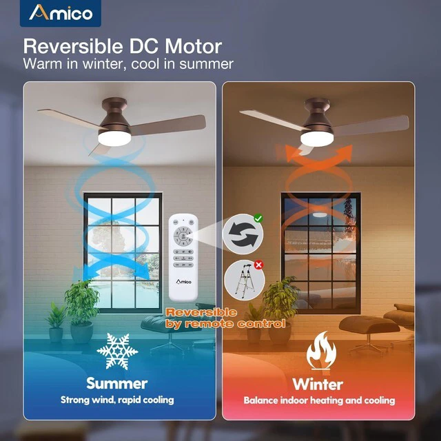 Alt view image 5 of 7 - 42 Inch Brown Low Profile Ceiling Fans with Lights and Remote Flush mount, 3-color dimmable light, quiet reversible DC motor, easy install, memory, timer, bedroom, covered outdoor areas