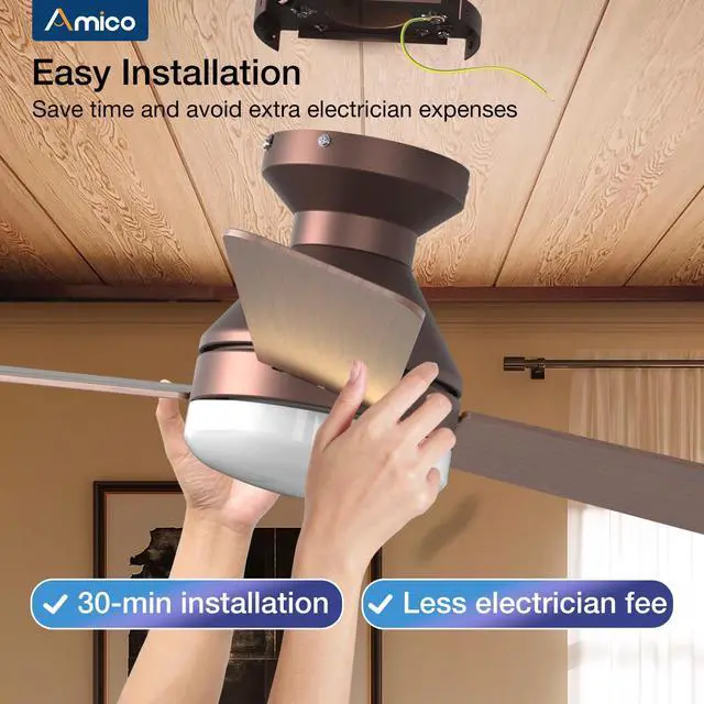 Alt view image 7 of 7 - 42 Inch Brown Low Profile Ceiling Fans with Lights and Remote Flush mount, 3-color dimmable light, quiet reversible DC motor, easy install, memory, timer, bedroom, covered outdoor areas