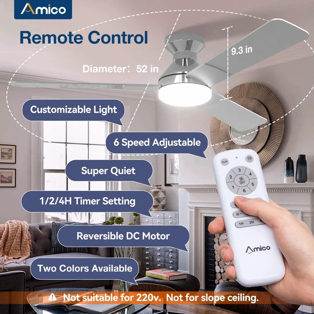 Alt view image 2 of 7 - 52 Inch Nickel Low Profile Ceiling Fans with Lights and Remote Flush mount, 3-color dimmable light, quiet reversible DC motor, easy install, memory, timer, bedroom, covered outdoor areas