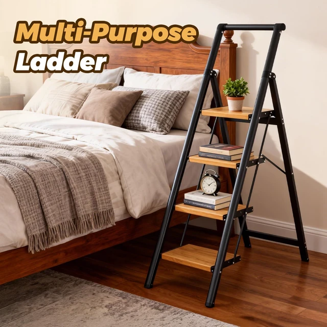 Alt view image 6 of 7 - 4 Step Ladder, Lightweight Aluminum Folding Step Stool Anti-Slip Wide Pedal, 330lbs Capacity Step Ladder for Household Kitchen Office, BlackWoodgrain