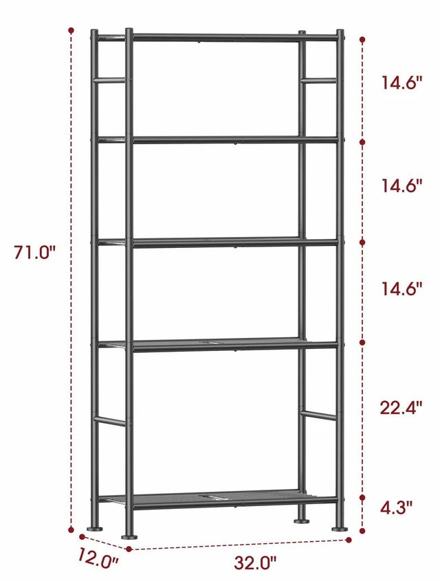 Alt view image 2 of 3 - Storage Shelves - 5 Tier Shelf Organizer, Sturdy Metal Garage Shelving with Adjustable Leveling Feet, Space-Saving Shelves Organizer for Pantry, Laundry, Kitchen (32" x 12" x 71", Black)