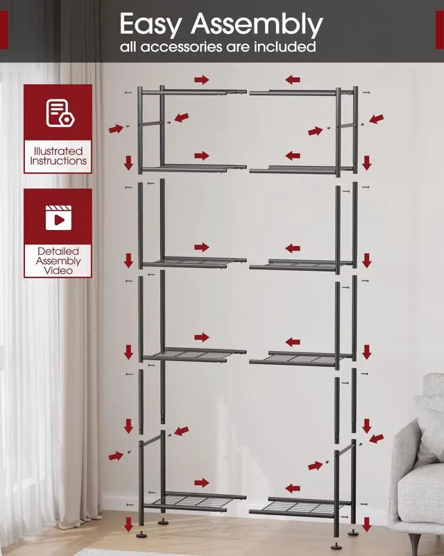 Alt view image 3 of 3 - Storage Shelves - 5 Tier Shelf Organizer, Sturdy Metal Garage Shelving with Adjustable Leveling Feet, Space-Saving Shelves Organizer for Pantry, Laundry, Kitchen (32" x 12" x 71", Black)