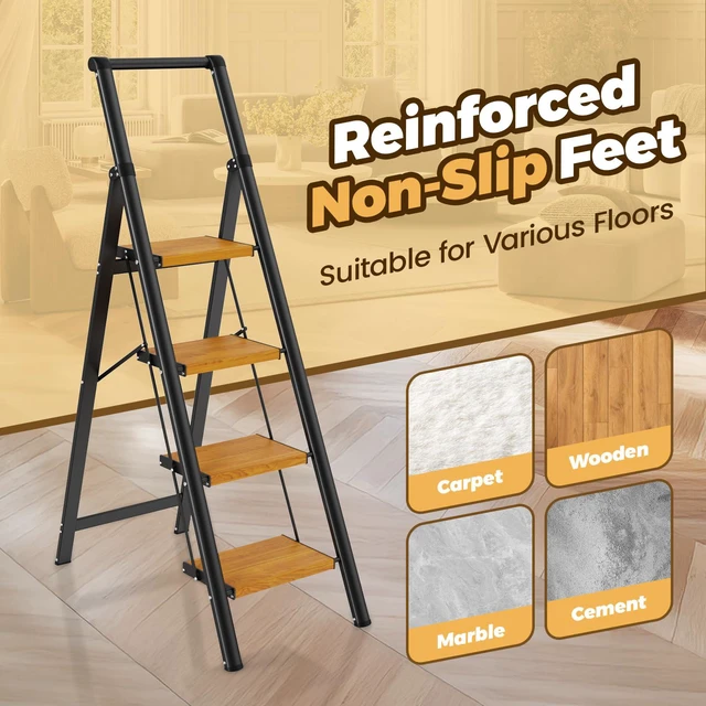 Alt view image 5 of 7 - 4 Step Ladder, Lightweight Aluminum Folding Step Stool Anti-Slip Wide Pedal, 330lbs Capacity Step Ladder for Household Kitchen Office, BlackWoodgrain
