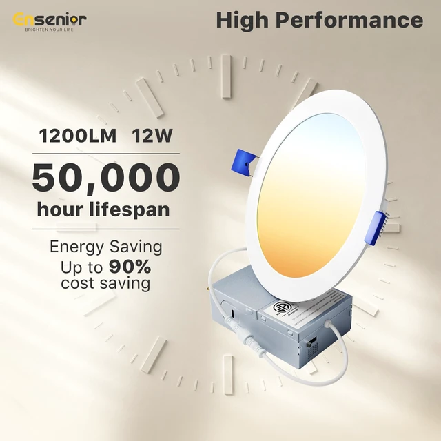 Alt view image 6 of 7 - 12 Pack 6 Inch LED Recessed Ceiling Light, 5CCT, 1200LM 12W 120V 2700K-5000K Selectable, 5%-100% Dimming, Ultra-Thin Canless Wafer Downlight with Junction Box, Damp Rated, ETL&FCC&IC