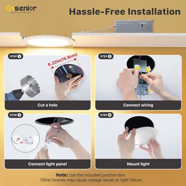 Alt view image 7 of 7 - 12 Pack 6 Inch LED Recessed Ceiling Light, 5CCT, 1200LM 12W 120V 2700K-5000K Selectable, 5%-100% Dimming, Ultra-Thin Canless Wafer Downlight with Junction Box, Damp Rated, ETL&FCC&IC
