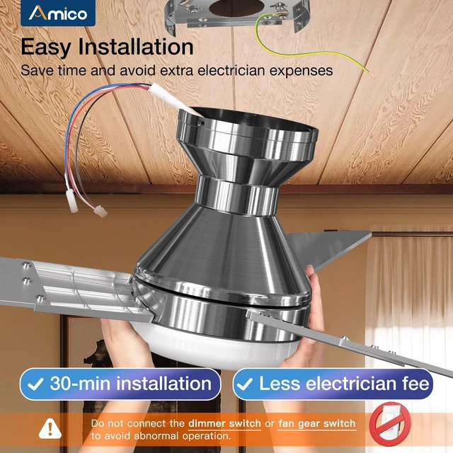 Alt view image 7 of 7 - 52 Inch Nickel Low Profile Ceiling Fans with Lights and Remote Flush mount, 3-color dimmable light, quiet reversible DC motor, easy install, memory, timer, bedroom, covered outdoor areas