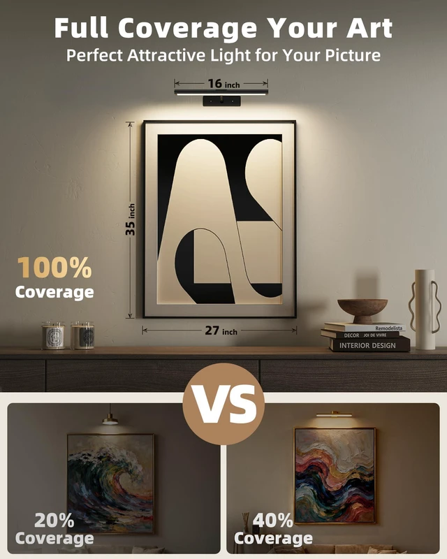 Alt view image 2 of 7 - Picture Light for Wall, 16'' Black Rechargeable 4800mAh Black Lights Wireless Remote, Dimmable Magnetic LED Art Painting Light with 3 Color Temperatures, Display for Gallery, Living Room(2P)