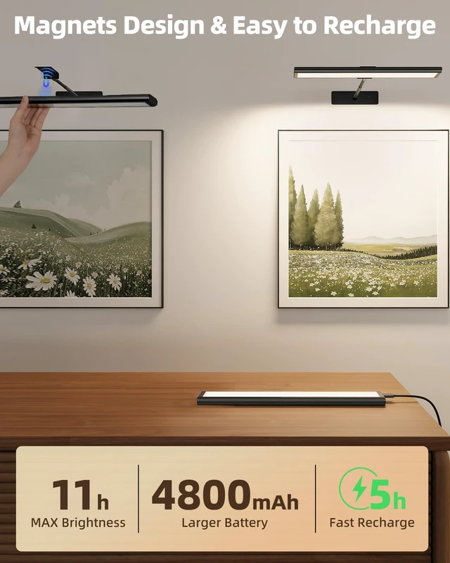 Alt view image 3 of 7 - Picture Light for Wall, 16'' Black Rechargeable 4800mAh Black Lights Wireless Remote, Dimmable Magnetic LED Art Painting Light with 3 Color Temperatures, Display for Gallery, Living Room(2P)
