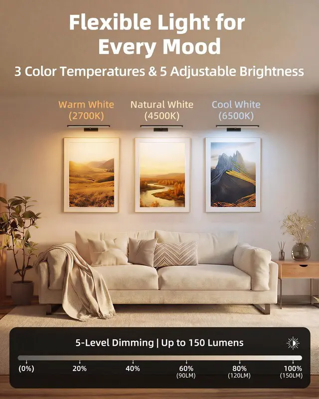 Alt view image 4 of 7 - Picture Light for Wall, 16'' Black Rechargeable 4800mAh Black Lights Wireless Remote, Dimmable Magnetic LED Art Painting Light with 3 Color Temperatures, Display for Gallery, Living Room(2P)