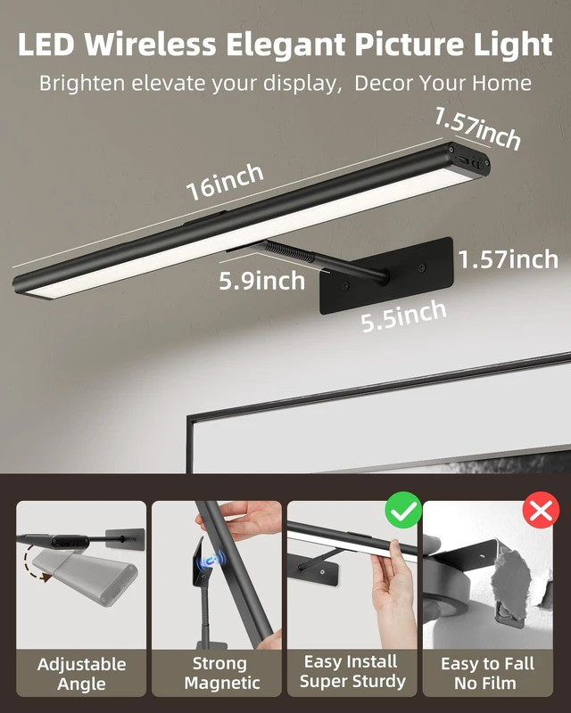 Alt view image 6 of 7 - Picture Light for Wall, 16'' Black Rechargeable 4800mAh Black Lights Wireless Remote, Dimmable Magnetic LED Art Painting Light with 3 Color Temperatures, Display for Gallery, Living Room(2P)
