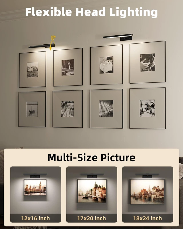 Alt view image 7 of 7 - Picture Light for Wall, 16'' Black Rechargeable 4800mAh Black Lights Wireless Remote, Dimmable Magnetic LED Art Painting Light with 3 Color Temperatures, Display for Gallery, Living Room(2P)