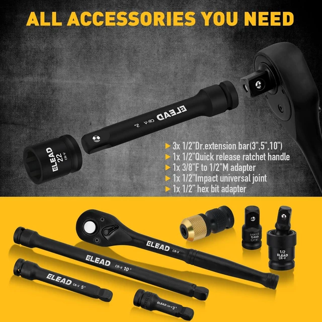 Alt view image 5 of 7 - 67 Piece 1/2" Drive Deep Impact Socket Set: Standard SAE (3/8"-1-1/4") & Metric (8-24 mm), Including 3 ", 5", 10" Extension Bar, Universal Joint, Ratchet Handle and Adapter