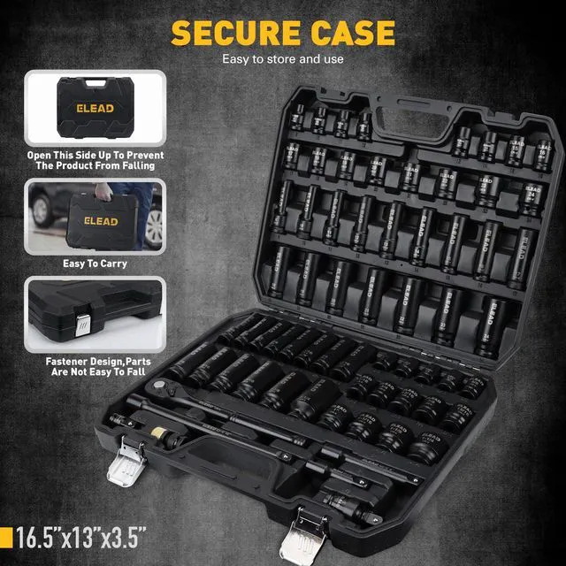 Alt view image 6 of 7 - 67 Piece 1/2" Drive Deep Impact Socket Set: Standard SAE (3/8"-1-1/4") & Metric (8-24 mm), Including 3 ", 5", 10" Extension Bar, Universal Joint, Ratchet Handle and Adapter