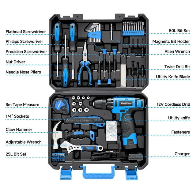 Alt view image 2 of 7 - Tool Set, 148-Piece Home Drill Set with 12V Blue Cordless Drill, Hand tool Kits, and Box, Suitable for Men, Women, and DIY Enthusiasts for Home Improvement