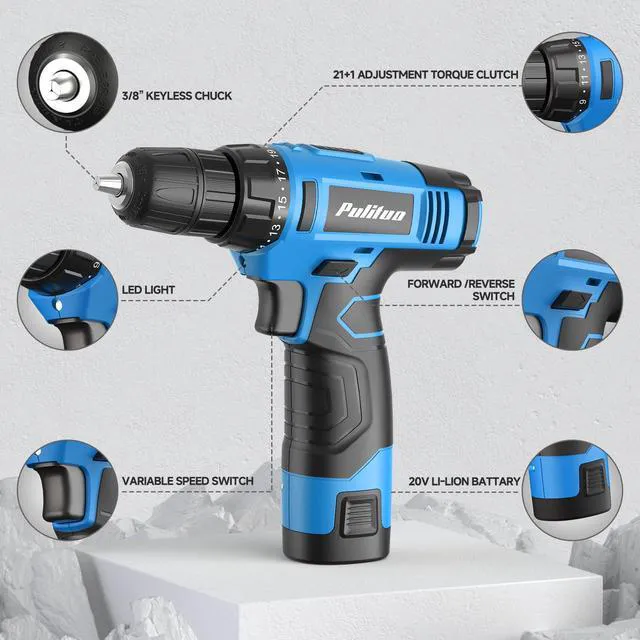 Alt view image 4 of 7 - Tool Set, 148-Piece Home Drill Set with 12V Blue Cordless Drill, Hand tool Kits, and Box, Suitable for Men, Women, and DIY Enthusiasts for Home Improvement