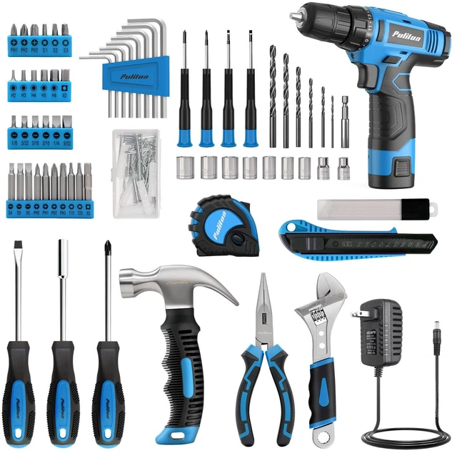 Alt view image 3 of 7 - Tool Set, 148-Piece Home Drill Set with 12V Blue Cordless Drill, Hand tool Kits, and Box, Suitable for Men, Women, and DIY Enthusiasts for Home Improvement