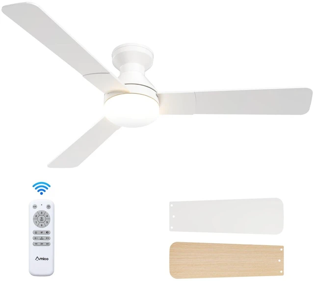 Main image of 52 Inch White Low Profile Ceiling Fans with Lights and Remote Flush mount, 3-color dimmable light, quiet reversible DC motor, easy install, memory, timer, bedroom, covered outdoor areas
