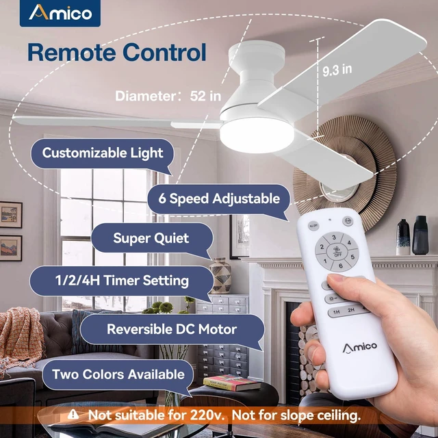Alt view image 2 of 7 - 52 Inch White Low Profile Ceiling Fans with Lights and Remote Flush mount, 3-color dimmable light, quiet reversible DC motor, easy install, memory, timer, bedroom, covered outdoor areas