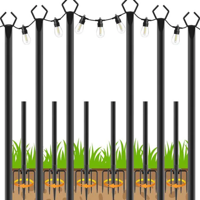 Main image of 10Ft String Light Poles 6 Pack,Light Poles for Outside Lights,Outdoor with Fence Brackets Hanging Lights,Metal Stand Deck Patio Backyard