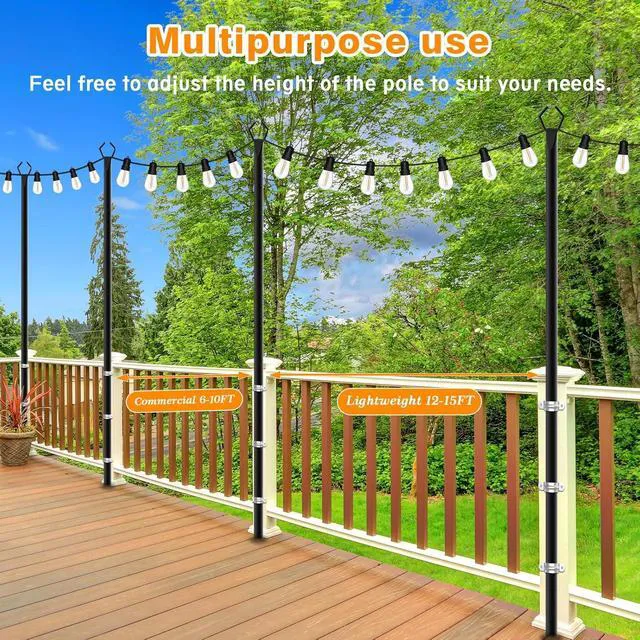 Alt view image 6 of 7 - 10Ft String Light Poles 6 Pack,Light Poles for Outside Lights,Outdoor with Fence Brackets Hanging Lights,Metal Stand Deck Patio Backyard