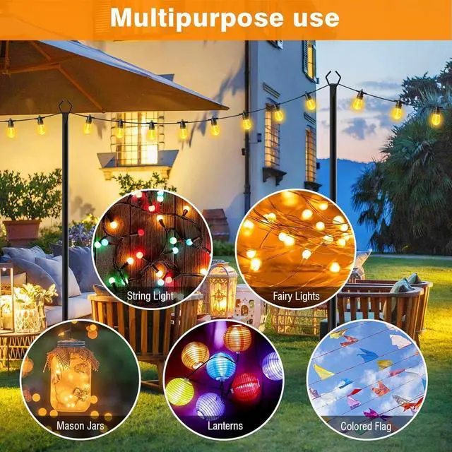 Alt view image 3 of 7 - 10Ft String Light Poles 6 Pack,Light Poles for Outside Lights,Outdoor with Fence Brackets Hanging Lights,Metal Stand Deck Patio Backyard