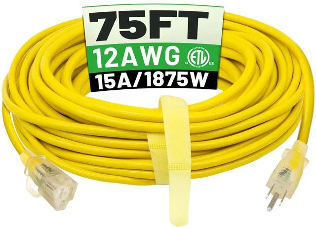 Main image of 75 FT 12/3 Outdoor Extension Cord Waterproof Heavy Duty Power Cord Waterproof Heavy Duty with Hook, Lighted Indicator End, 75 Foot Flexible Cold-Resistant, 15A 1875W SJTW Yellow, ETL Listed