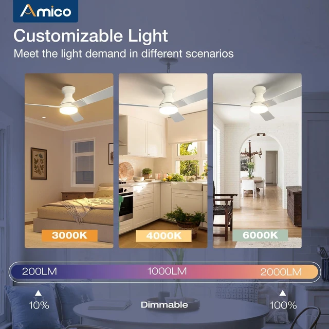 Alt view image 6 of 7 - 52 Inch White Low Profile Ceiling Fans with Lights and Remote Flush mount, 3-color dimmable light, quiet reversible DC motor, easy install, memory, timer, bedroom, covered outdoor areas