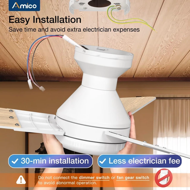 Alt view image 7 of 7 - 52 Inch White Low Profile Ceiling Fans with Lights and Remote Flush mount, 3-color dimmable light, quiet reversible DC motor, easy install, memory, timer, bedroom, covered outdoor areas