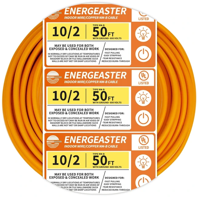 Main image of Solid Indoor 10/2 W/G NMB Cable 50ft, Electrical Wire, Orange, 50FT NMB Cable 10 Gauge Wire 2 Conductors 600V Bare Copper Non-Metallic Sheathed Solid Indoor Residential Wire, UL Listed