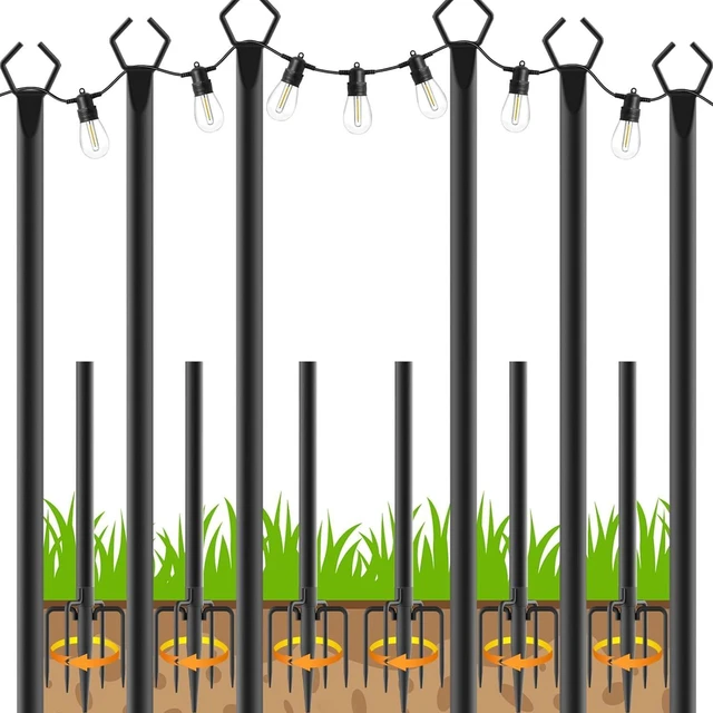 Main image of 10Ft String Light Poles 6 Pack,Light Poles for Outside Lights,Outdoor with Fence Brackets Hanging Lights,Metal Stand Deck Patio Backyard