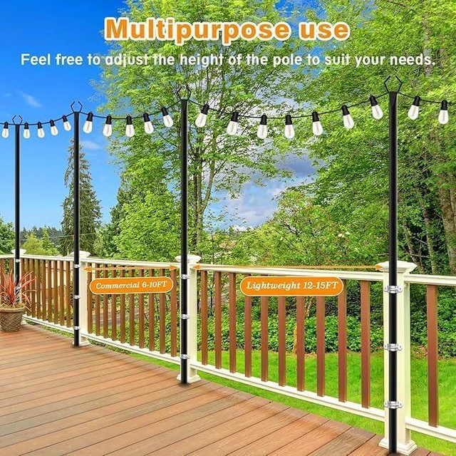 Alt view image 6 of 7 - 10Ft String Light Poles 6 Pack,Light Poles for Outside Lights,Outdoor with Fence Brackets Hanging Lights,Metal Stand Deck Patio Backyard