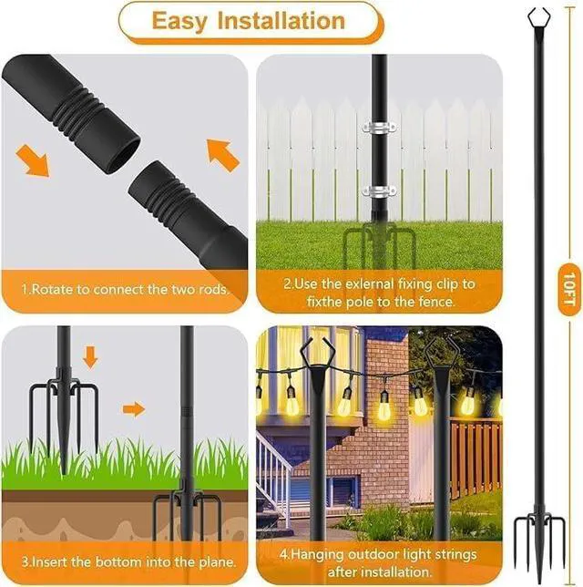 Alt view image 7 of 7 - 10Ft String Light Poles 6 Pack,Light Poles for Outside Lights,Outdoor with Fence Brackets Hanging Lights,Metal Stand Deck Patio Backyard