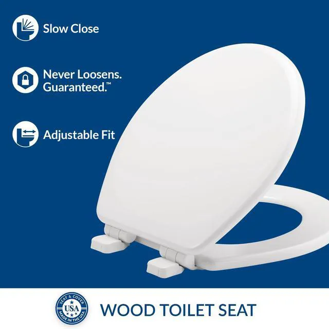 Alt view image 2 of 7 - Linden Slow Close Toilet Seat, Non Slip Heavy Duty Wood, Easy Install, Made in USA, Round, White, 2 Pack