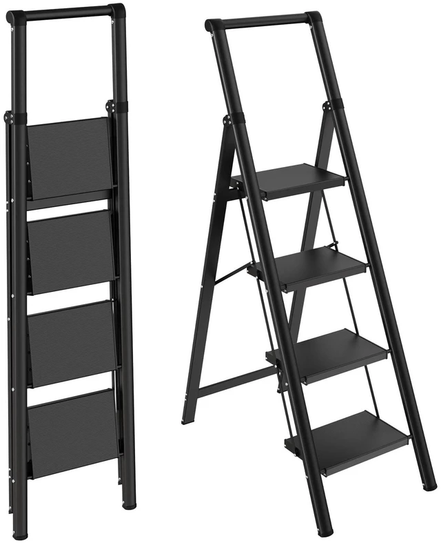 Main image of 4 Step Ladder, Lightweight Aluminum Folding Step Stool Anti-Slip Wide Pedal, 330lbs Capacity Step Ladder for Household Kitchen Office, Black
