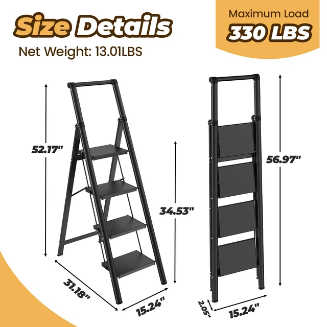 Alt view image 2 of 7 - 4 Step Ladder, Lightweight Aluminum Folding Step Stool Anti-Slip Wide Pedal, 330lbs Capacity Step Ladder for Household Kitchen Office, Black