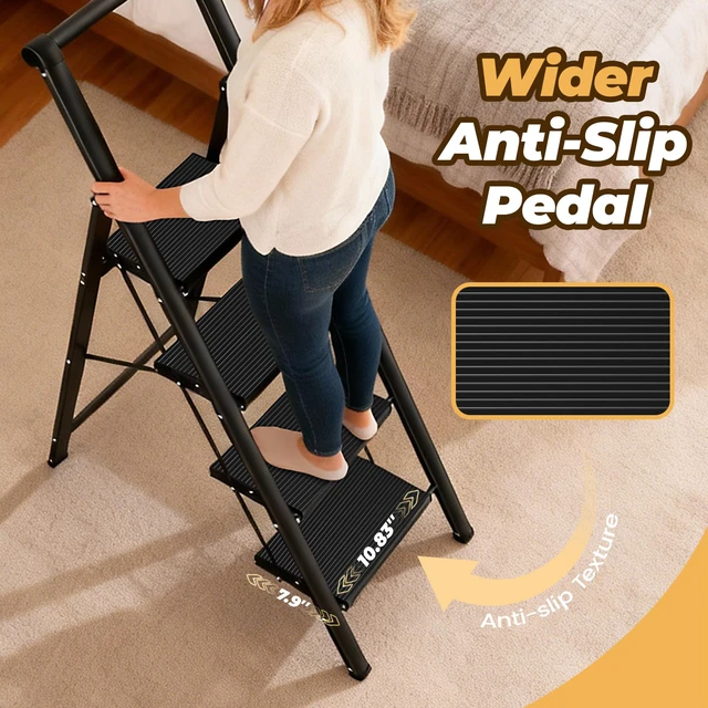 Alt view image 3 of 7 - 4 Step Ladder, Lightweight Aluminum Folding Step Stool Anti-Slip Wide Pedal, 330lbs Capacity Step Ladder for Household Kitchen Office, Black
