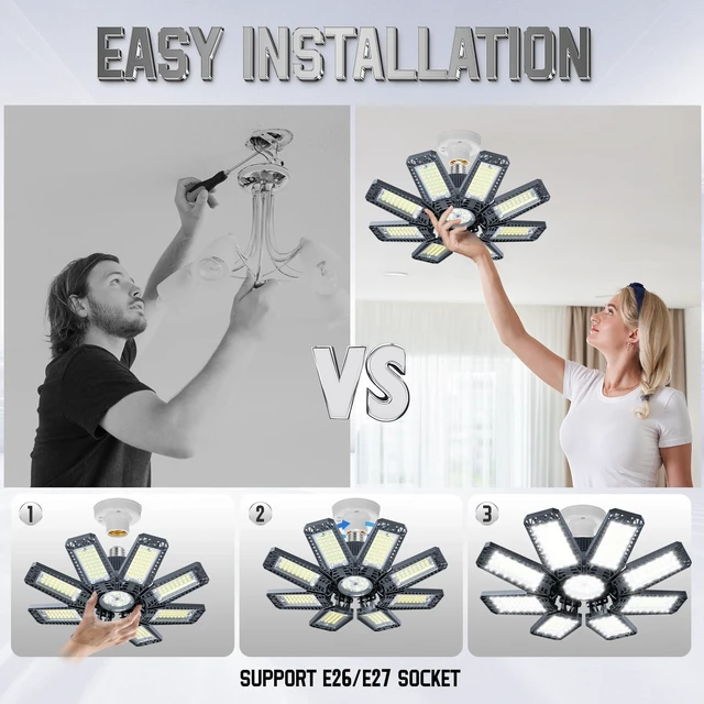 Alt view image 2 of 7 - Garage Lights 4 Pack 220W, 22000LM LED Garage Lights with 8+1 Deformable Panels 6500K Screw in LED Shop Lighting for Workshop, Basement Support E26/E27