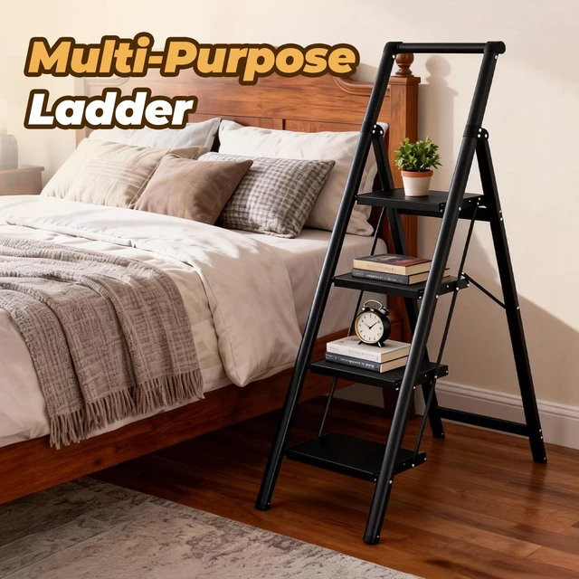 Alt view image 6 of 7 - 4 Step Ladder, Lightweight Aluminum Folding Step Stool Anti-Slip Wide Pedal, 330lbs Capacity Step Ladder for Household Kitchen Office, Black