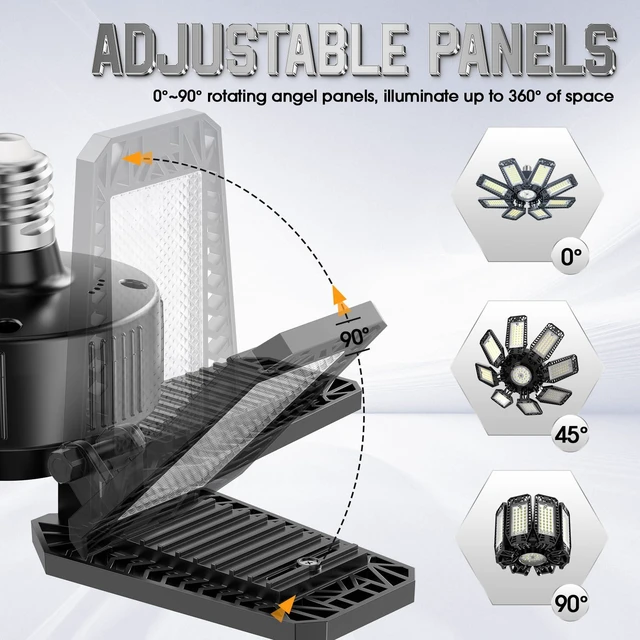 Alt view image 3 of 7 - Garage Lights 4 Pack 220W, 22000LM LED Garage Lights with 8+1 Deformable Panels 6500K Screw in LED Shop Lighting for Workshop, Basement Support E26/E27