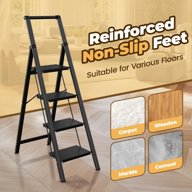 Alt view image 5 of 7 - 4 Step Ladder, Lightweight Aluminum Folding Step Stool Anti-Slip Wide Pedal, 330lbs Capacity Step Ladder for Household Kitchen Office, Black