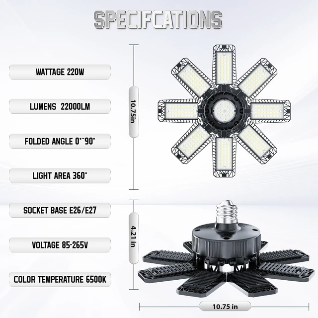 Alt view image 4 of 7 - Garage Lights 4 Pack 220W, 22000LM LED Garage Lights with 8+1 Deformable Panels 6500K Screw in LED Shop Lighting for Workshop, Basement Support E26/E27