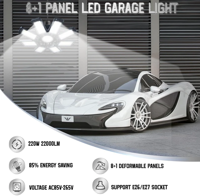 Alt view image 7 of 7 - Garage Lights 4 Pack 220W, 22000LM LED Garage Lights with 8+1 Deformable Panels 6500K Screw in LED Shop Lighting for Workshop, Basement Support E26/E27