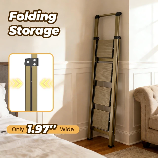 Alt view image 4 of 7 - 4 Step Ladder, Lightweight Aluminum Folding Step Stool Anti-Slip Wide Pedal, 330lbs Capacity Step Ladder for Household Kitchen Office, Gold