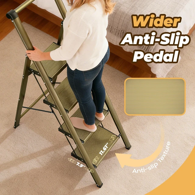 Alt view image 3 of 7 - 4 Step Ladder, Lightweight Aluminum Folding Step Stool Anti-Slip Wide Pedal, 330lbs Capacity Step Ladder for Household Kitchen Office, Gold